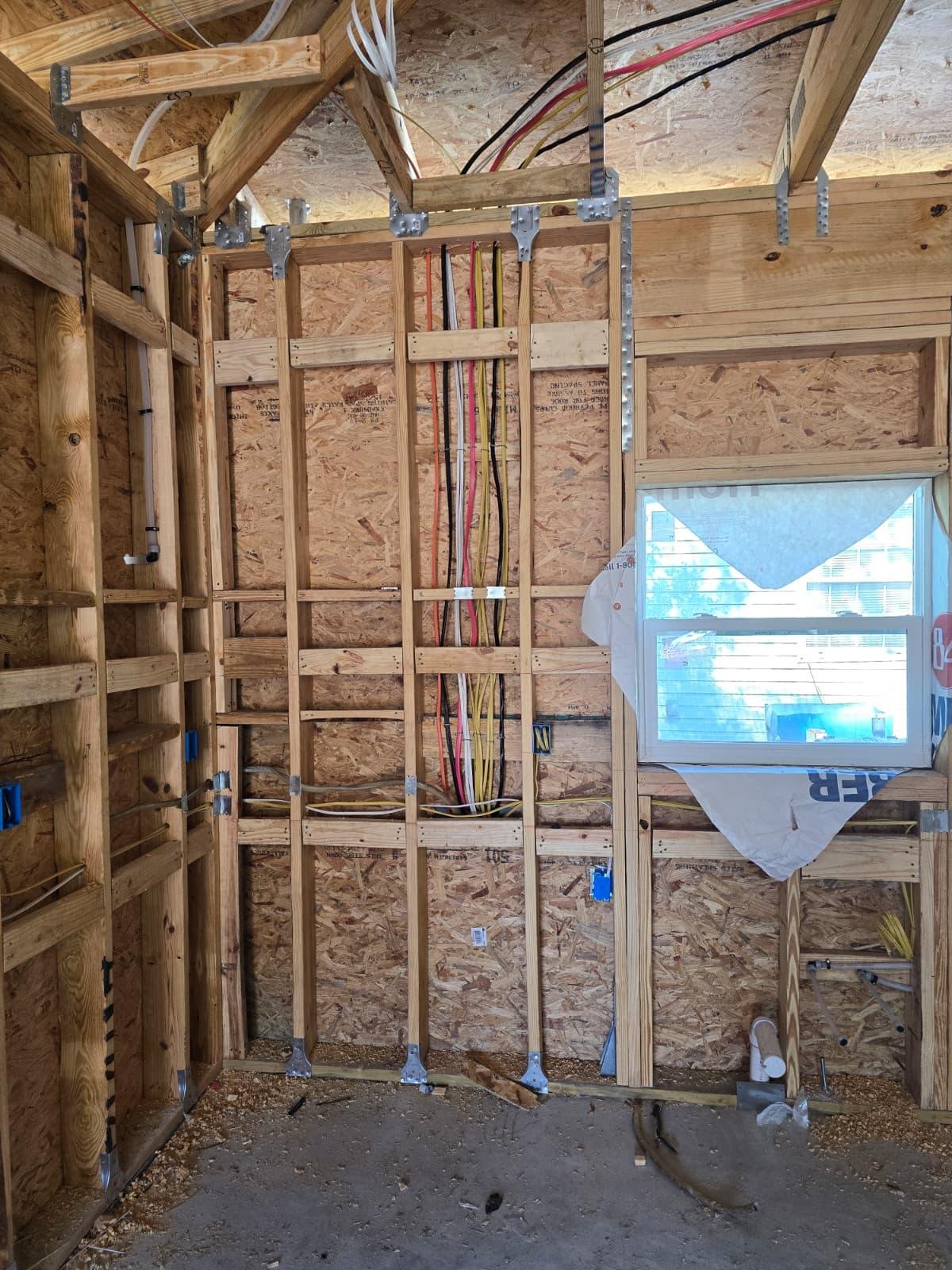 Electrical wiring routed through open wall studs during home construction