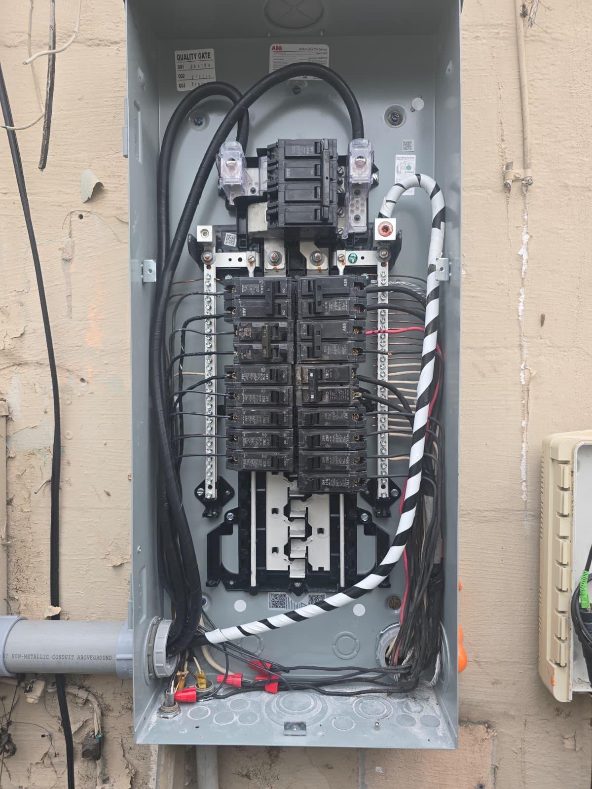 Clean electrical panel installation on an exterior wall